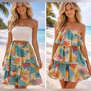 Tropical Ruffle Strapless Mini Dress Flamingo Print BNWT L Beach Vacation Summer
